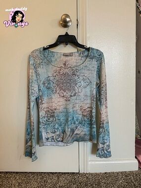 Long Sleeve Decorative Scroll Print Top - Teal & Cream